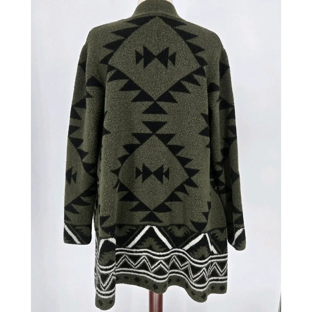 Frye Open Front Cardigan Sweater Aztec Southwestern Green Black Women's Large‎ L - Picture 3 of 9